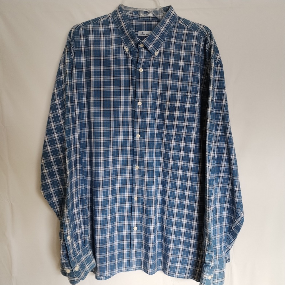 Peter Millar Shirt Men's 2XL Blue Plaid Long Sleeve Button Down Cotton‎ Pocket